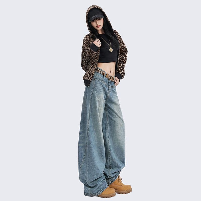 레트로 노스탤지어 블루 워싱 분할 패치워크 넓은 다리 청바지 여성 슬림해 보이는 스트레이트 루즈핏 긴 바지 모통이 칼 이미지 3