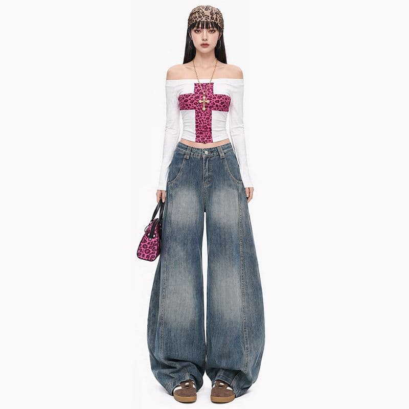 아메리칸 레트로 높음 거리 모통이 칼 청바지 다용도 섹션 루즈핏 스트레이트 와이드 레그 팬츠 9 포인트 긴 바지 길이 연장 이미지 2