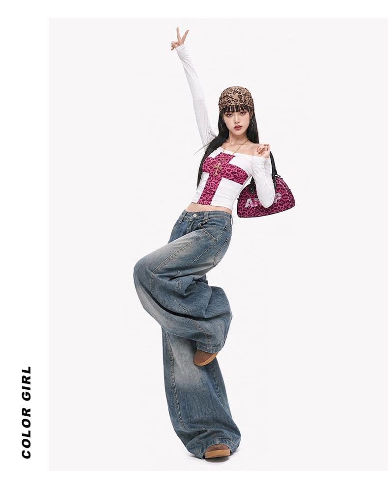 아메리칸 레트로 높음 거리 모통이 칼 청바지 다용도 섹션 루즈핏 스트레이트 와이드 레그 팬츠 9 포인트 긴 바지 길이 연장 상세 이미지 12