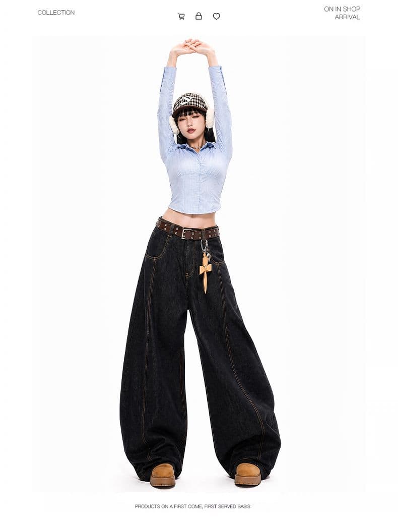 아메리칸 레트로 높음 거리 모통이 칼 청바지 다용도 섹션 루즈핏 스트레이트 와이드 레그 팬츠 9 포인트 긴 바지 길이 연장 상세 이미지 16
