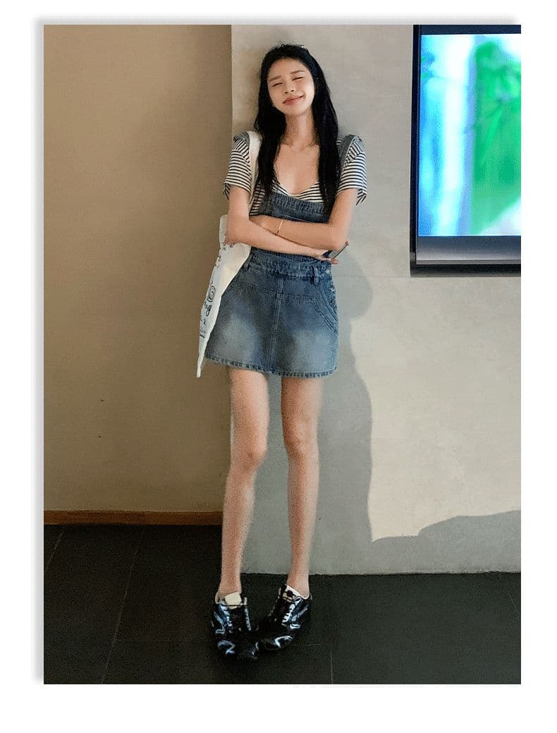 아메리칸 레트로 느긋한 바람 루즈핏 연령 감소 워크웨어 멜빵 데님 반바지 여성 상세 이미지 8