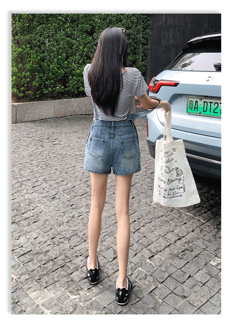 아메리칸 레트로 느긋한 바람 루즈핏 연령 감소 워크웨어 멜빵 데님 반바지 여성 상세 이미지 20