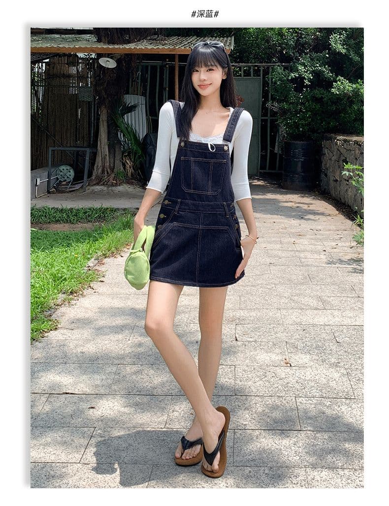 아메리칸 레트로 느긋한 바람 루즈핏 연령 감소 워크웨어 멜빵 데님 반바지 여성 상세 이미지 21