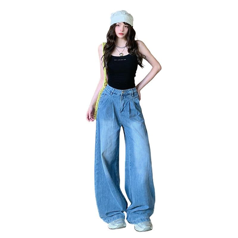 아메리칸 레트로 주름 넓은 다리 청바지 여성 가을 새로운 고급 느슨함 센스 루즈핏 슬림해 보이는 도루 센스 바닥 청소 바지 이미지 5