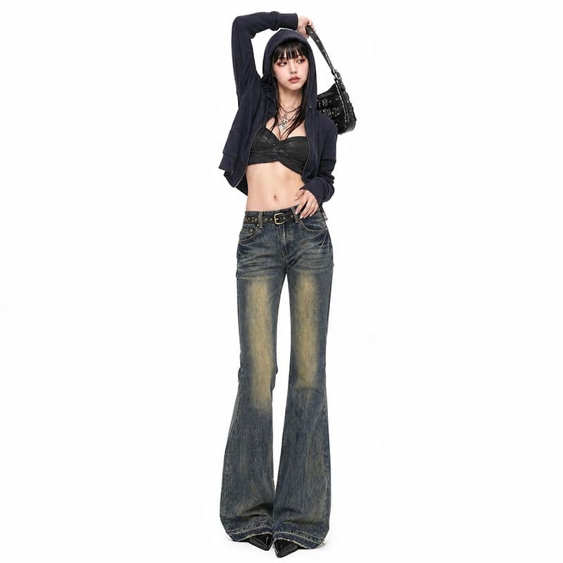 mi 레트로 색조 자수 마 오래된 워싱 로우 웨이스트 핫걸 청바지 긴 바지 루즈핏 부츠컷 와이드 레그 팬츠