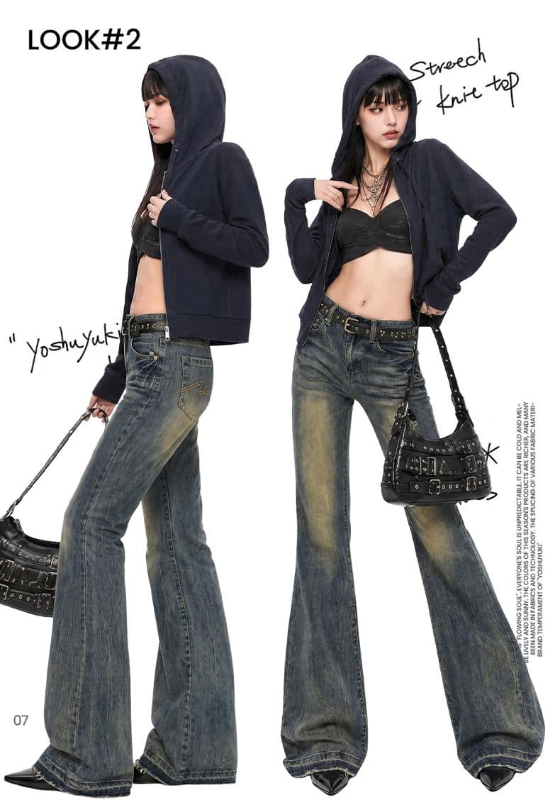 mi 레트로 색조 자수 마 오래된 워싱 로우 웨이스트 핫걸 청바지 긴 바지 루즈핏 부츠컷 와이드 레그 팬츠 상세 이미지 2
