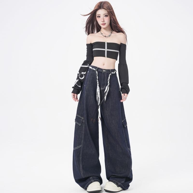 2026 가을 의상 새로운 모통이 칼 바지 워크웨어 와이드 레그 팬츠 여성 의류 단 닝 떨어지지 않음 색상 청바지 여성