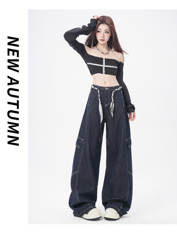 2026 가을 의상 새로운 모통이 칼 바지 워크웨어 와이드 레그 팬츠 여성 의류 단 닝 떨어지지 않음 색상 청바지 여성 상세 이미지 17