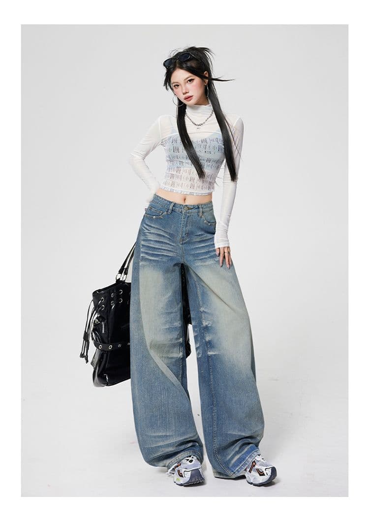 아메리칸 주름 데님 파란색 넓은 다리 청바지 여성 2026 가을 새로운 하이웨이스트 루즈핏 슬림해 보이는 도루 센스 바지 상세 이미지 6