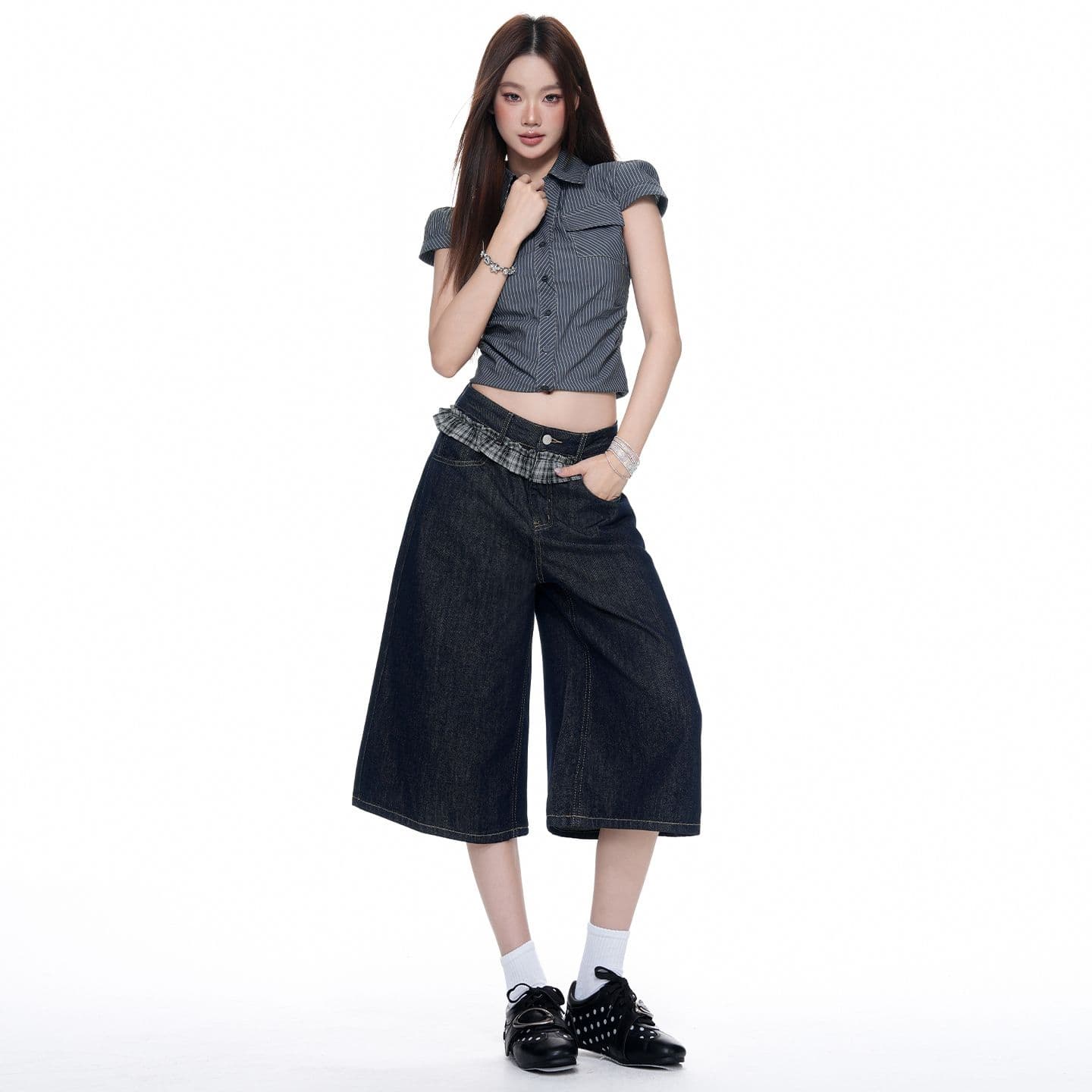 아메리칸 레트로 체크무늬 레이스 패치워크 국방 퇴색하다 루즈핏 넓은 다리 7 점 청바지 여성