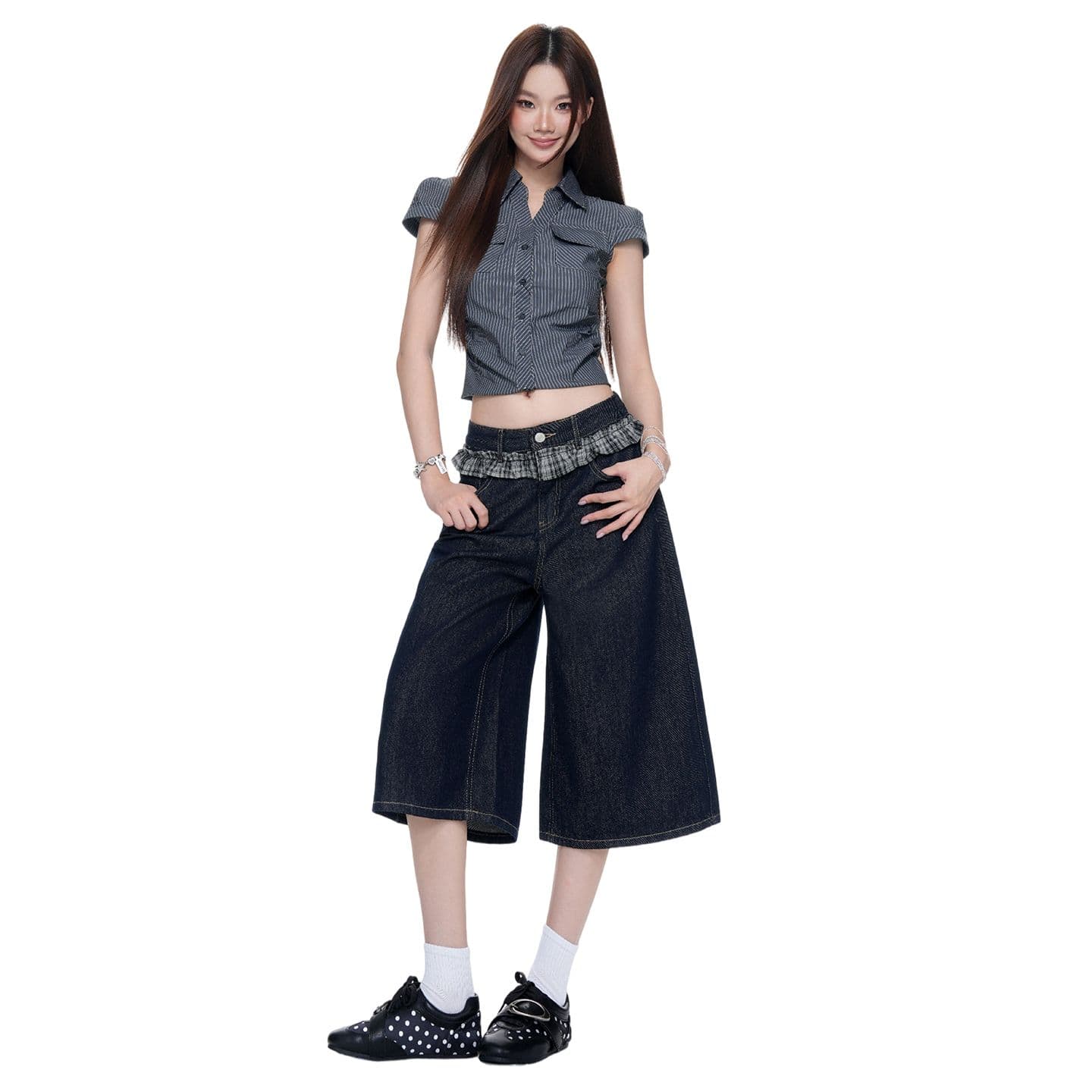 아메리칸 레트로 체크무늬 레이스 패치워크 국방 퇴색하다 루즈핏 넓은 다리 7 점 청바지 여성 이미지 3