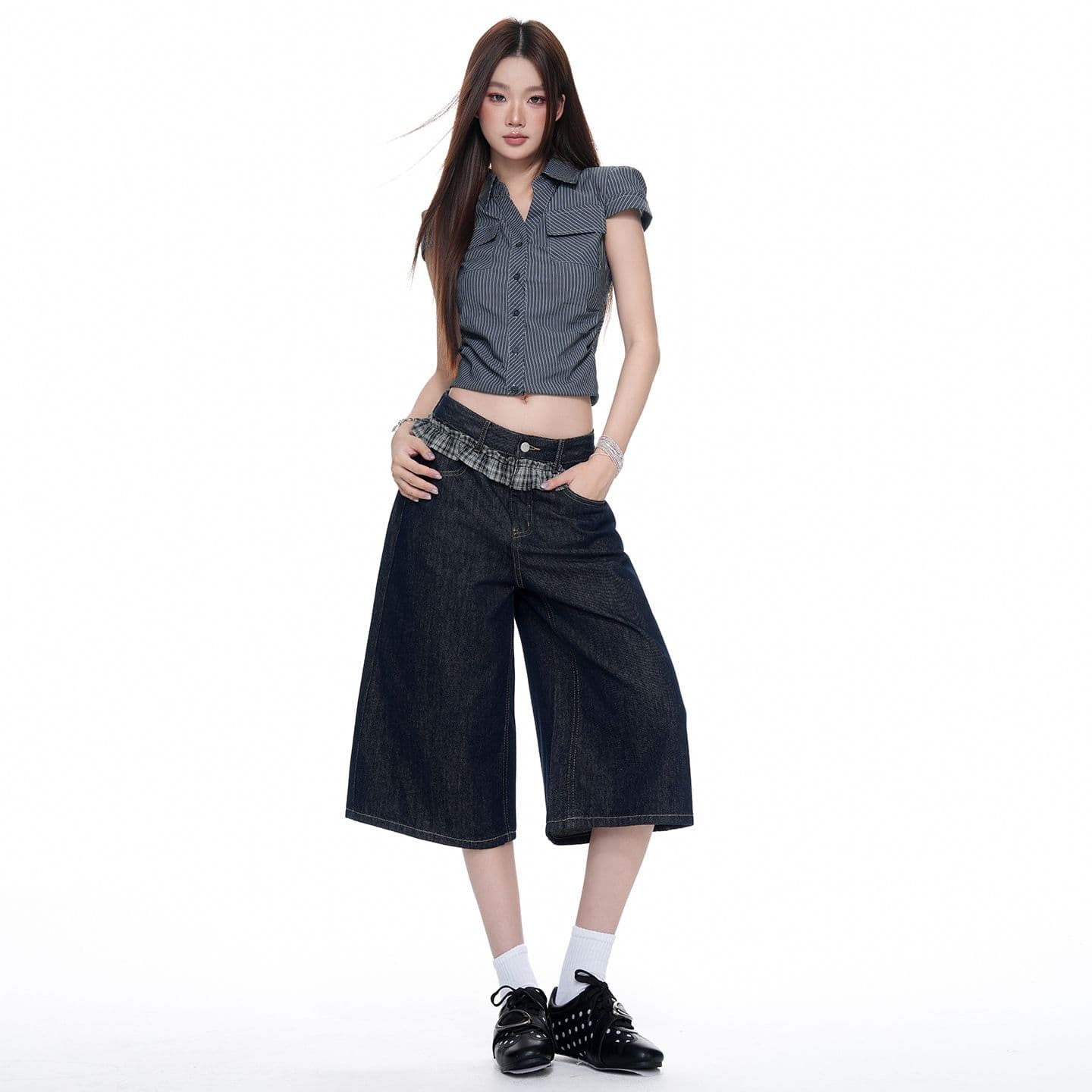 아메리칸 레트로 체크무늬 레이스 패치워크 국방 퇴색하다 루즈핏 넓은 다리 7 점 청바지 여성 이미지 5