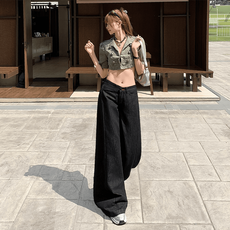 새로운 원색 디자인 센스 비스듬한 허리 머리 로우 웨이스트 루즈핏 와이드 레깅스 바지 다용도 슬림해 보이는 청바지 이미지 4