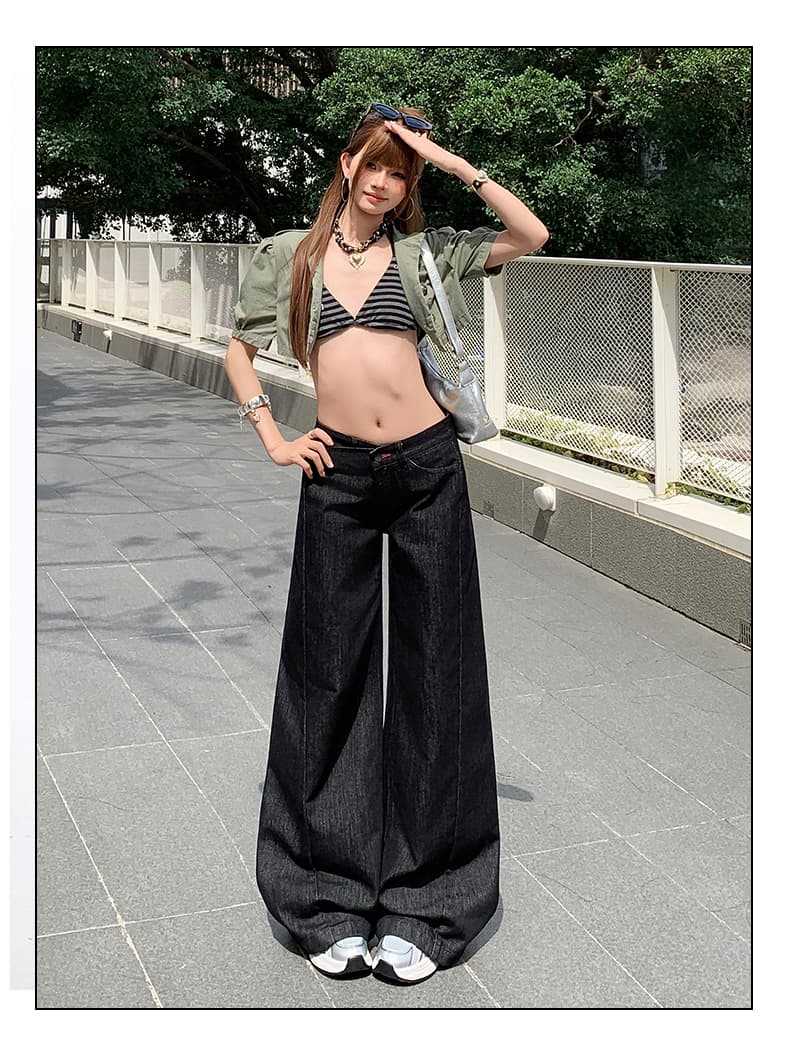 새로운 원색 디자인 센스 비스듬한 허리 머리 로우 웨이스트 루즈핏 와이드 레깅스 바지 다용도 슬림해 보이는 청바지 상세 이미지 3