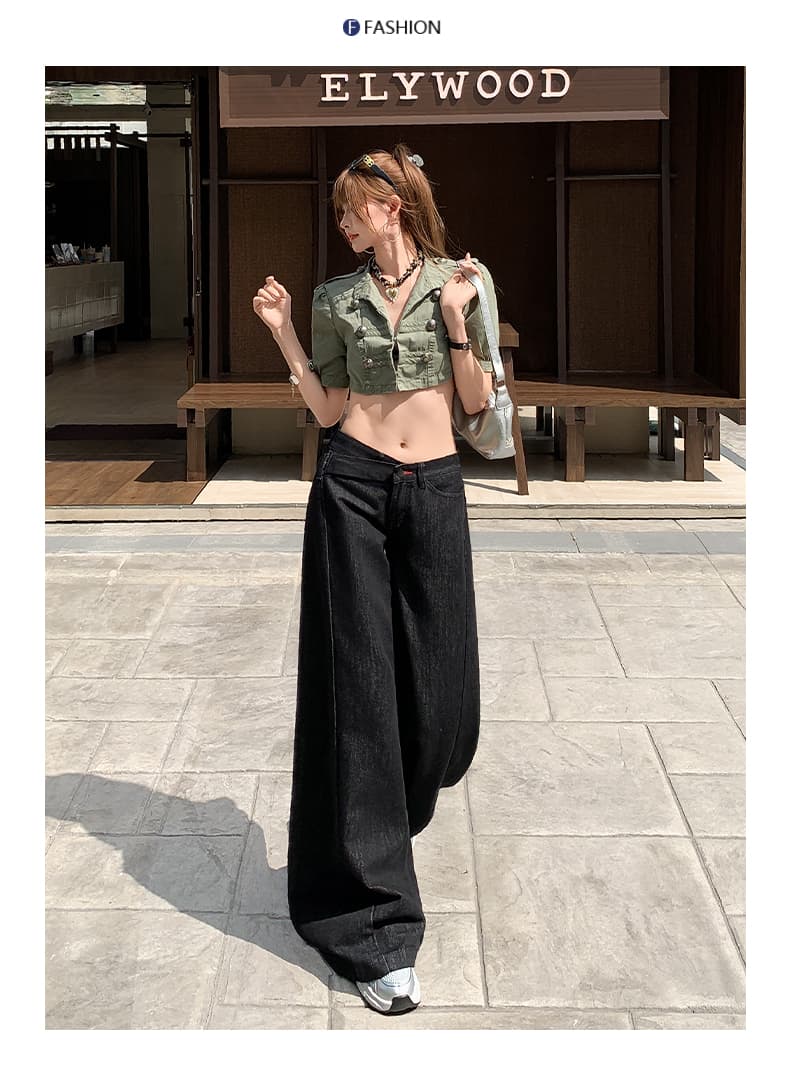 새로운 원색 디자인 센스 비스듬한 허리 머리 로우 웨이스트 루즈핏 와이드 레깅스 바지 다용도 슬림해 보이는 청바지 상세 이미지 7