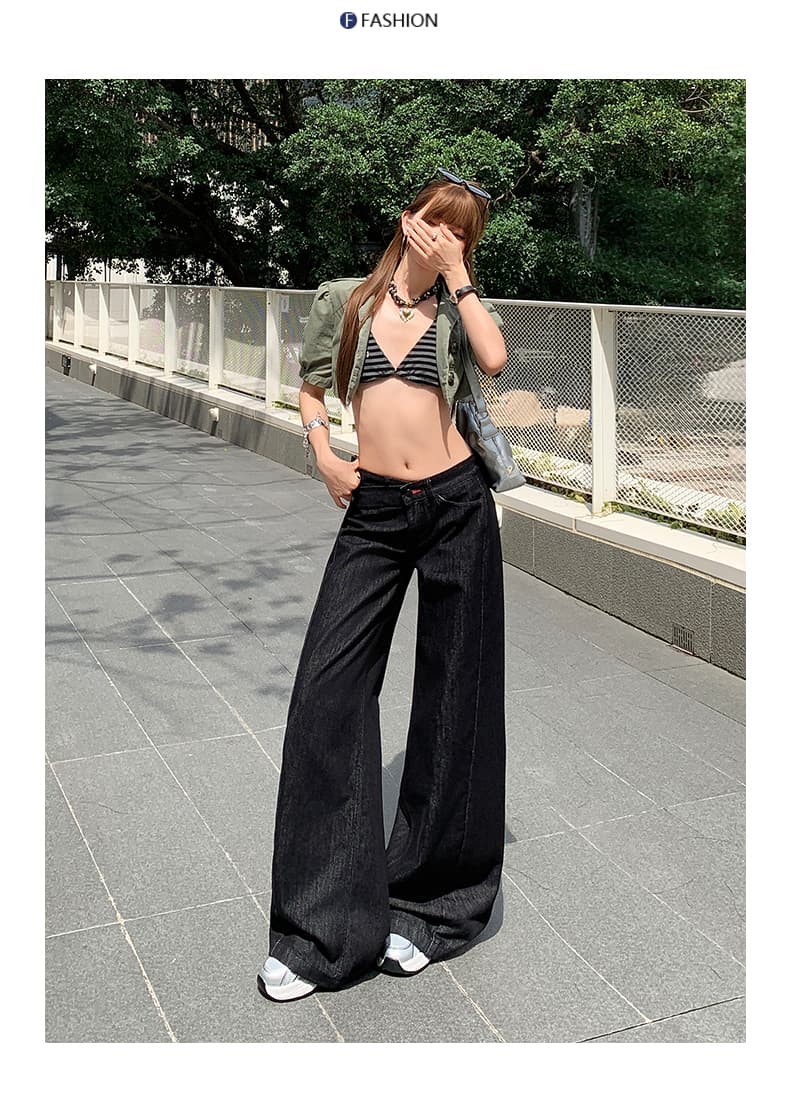 새로운 원색 디자인 센스 비스듬한 허리 머리 로우 웨이스트 루즈핏 와이드 레깅스 바지 다용도 슬림해 보이는 청바지 상세 이미지 10