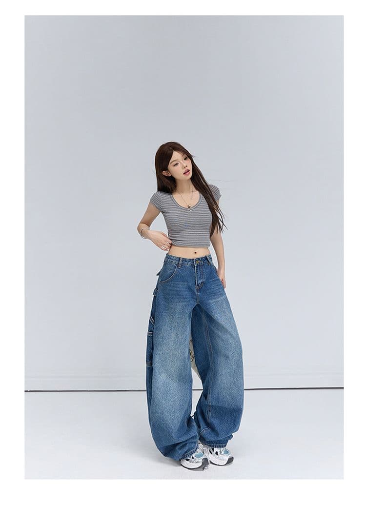 아메리칸 레트로 루즈핏 와이드 레그 팬츠 워크웨어 팬츠 다용도 모통이 칼 바지 청바지 여성 2026 새로운 상세 이미지 9