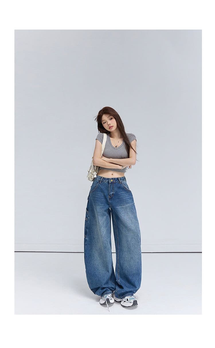 아메리칸 레트로 루즈핏 와이드 레그 팬츠 워크웨어 팬츠 다용도 모통이 칼 바지 청바지 여성 2026 새로운 상세 이미지 17