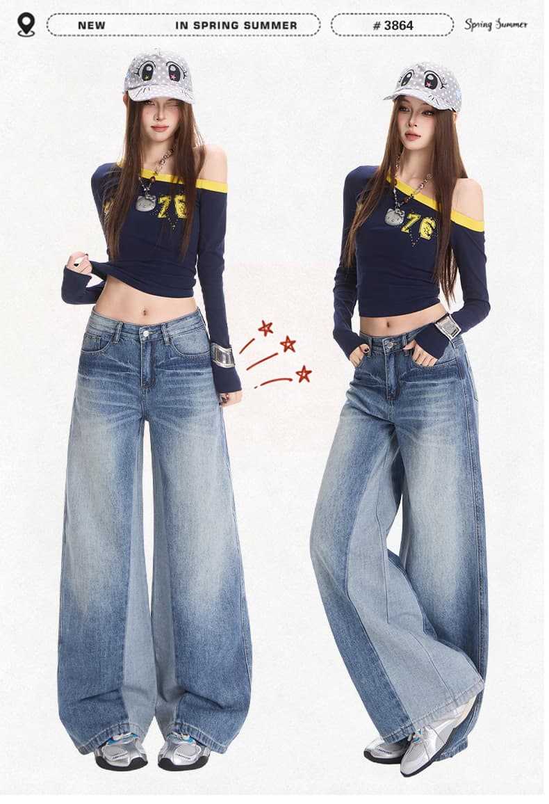 아메리칸 레트로 블루 청바지 여성 새로운 패션 와 성별 패치워크 패치워크 색상 디자인 센스 스트레이트 팬츠 상세 이미지 1