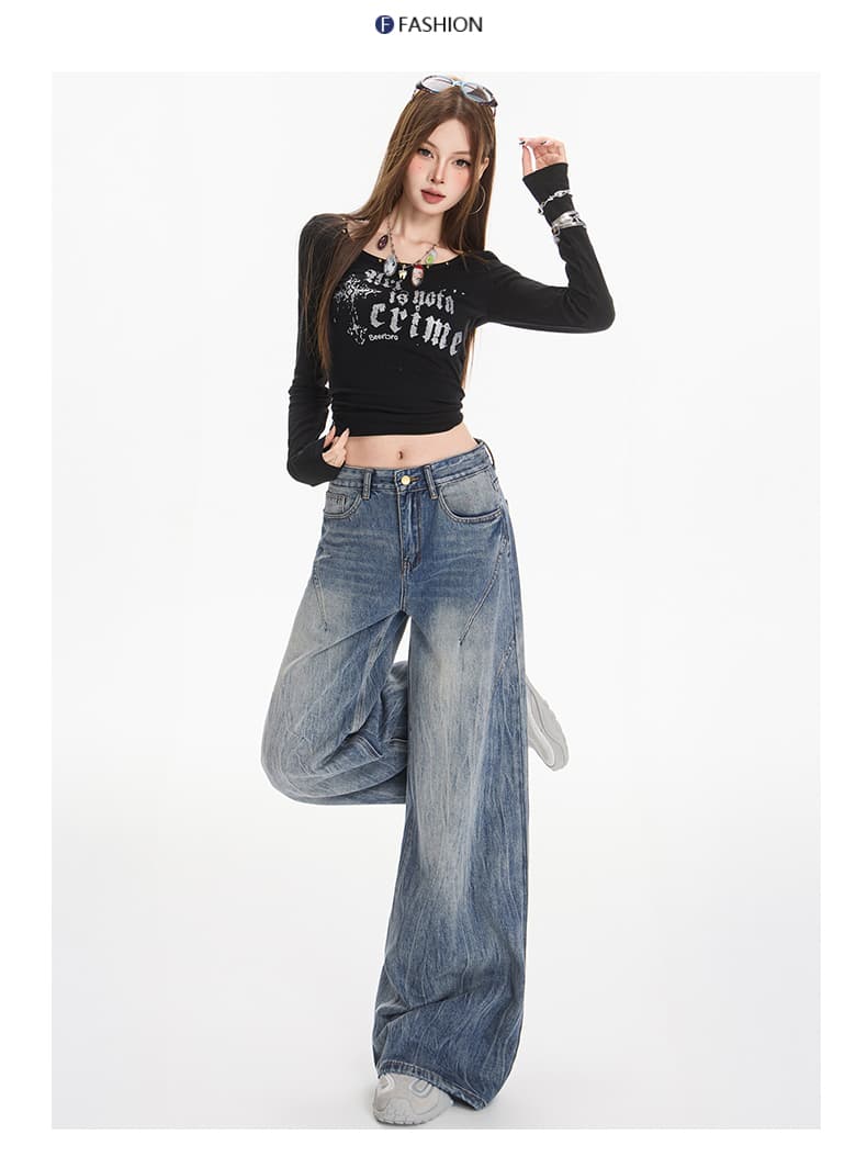 아메리칸 레트로 청바지 여성 새로운 홀치기 염색 워싱 핫걸 바닥 청소 넓은 다리 루즈핏 스트레이트 팬츠 상세 이미지 15
