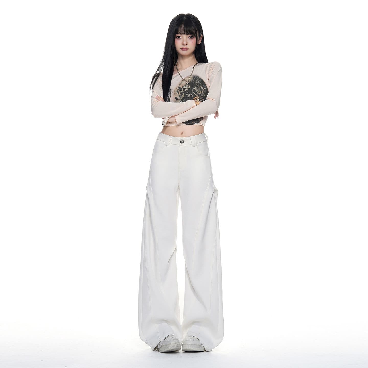 화이트 아메리칸 하이웨이스트 넓은 다리 워크웨어 팬츠 여성 가을 2026 새로운 주름 작은 대중 디자인 센스 루즈핏 캐주얼 바지 이미지 5