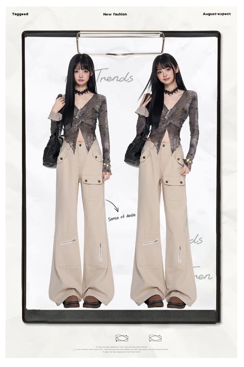 커피 색상 아메리칸 기타 주머니 루즈핏 워크웨어 팬츠 여성 2026 년 가을 새로운 하이웨이스트 슬림해 보이는 아니요 막대기 다리 부츠컷 바지 상세 이미지 1