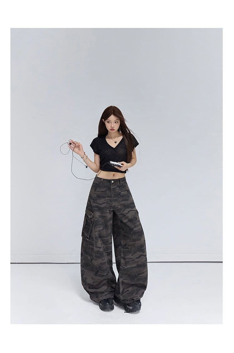 아메리칸 레트로 루즈핏 와이드 레그 팬츠 카모플라주 모통이 칼 바지 다용도 도루 센스 워크웨어 팬츠 청바지 여성 상세 이미지 2