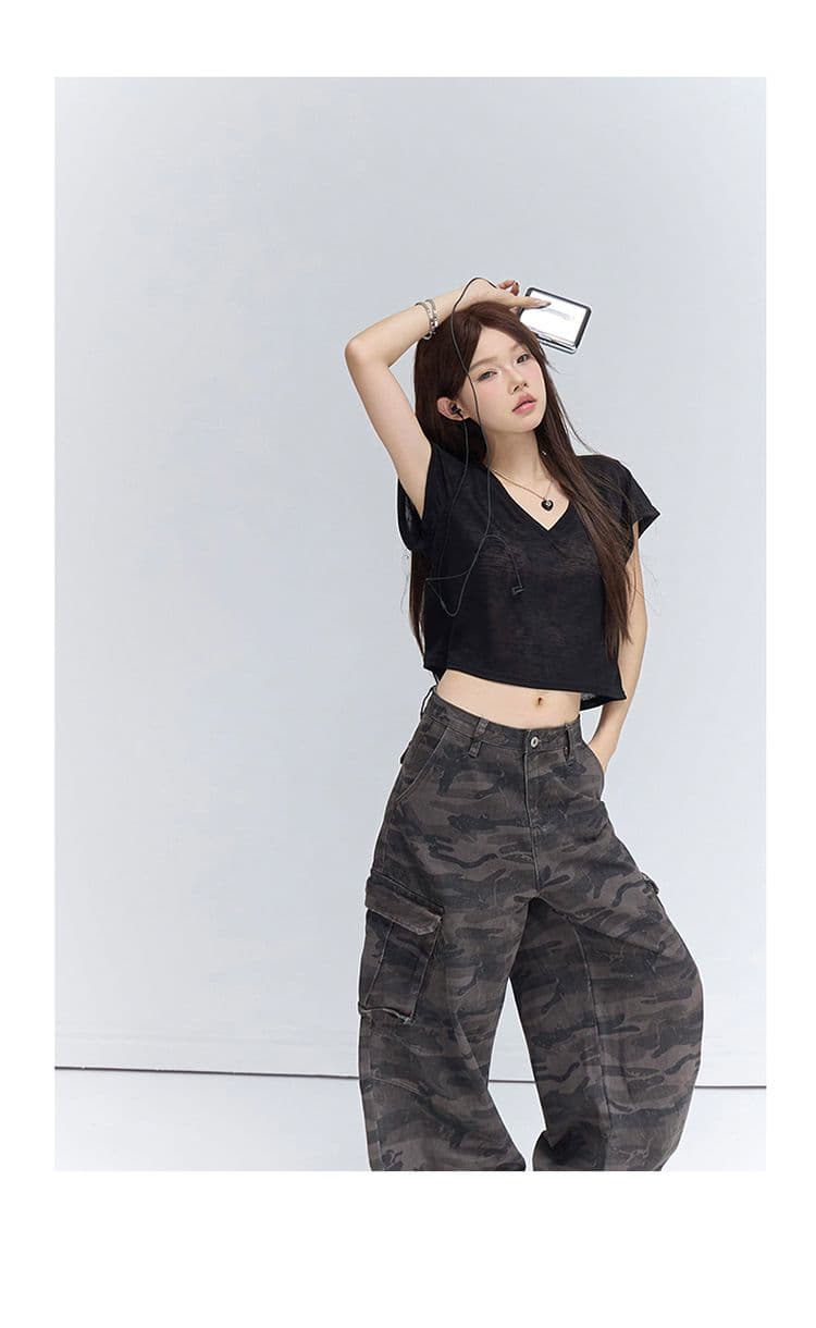 아메리칸 레트로 루즈핏 와이드 레그 팬츠 카모플라주 모통이 칼 바지 다용도 도루 센스 워크웨어 팬츠 청바지 여성 상세 이미지 12