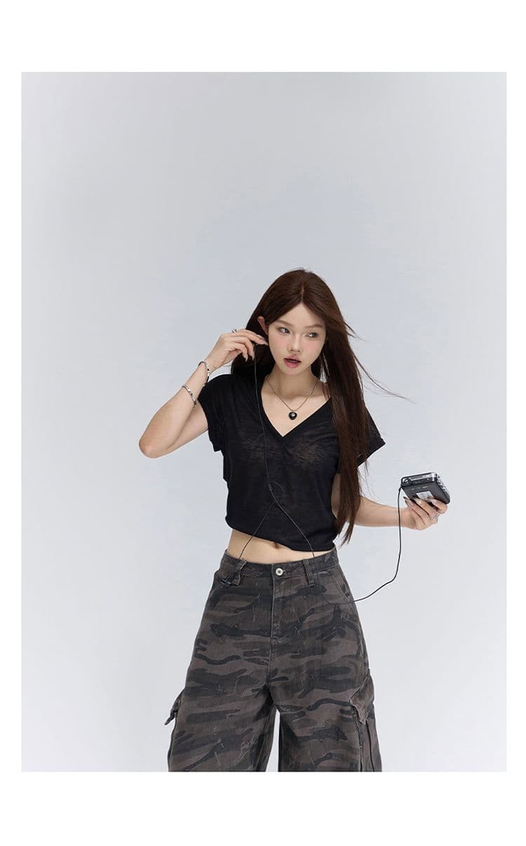 아메리칸 레트로 루즈핏 와이드 레그 팬츠 카모플라주 모통이 칼 바지 다용도 도루 센스 워크웨어 팬츠 청바지 여성 상세 이미지 16