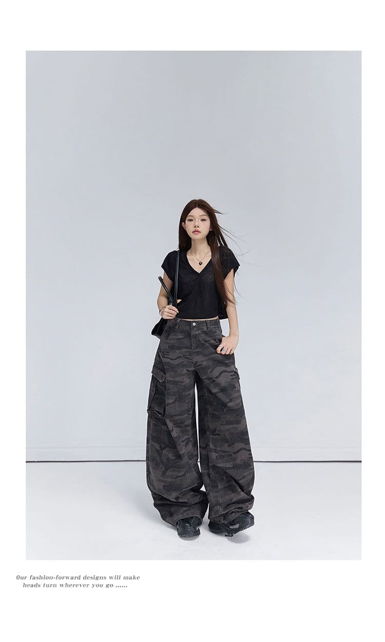 아메리칸 레트로 루즈핏 와이드 레그 팬츠 카모플라주 모통이 칼 바지 다용도 도루 센스 워크웨어 팬츠 청바지 여성 상세 이미지 18