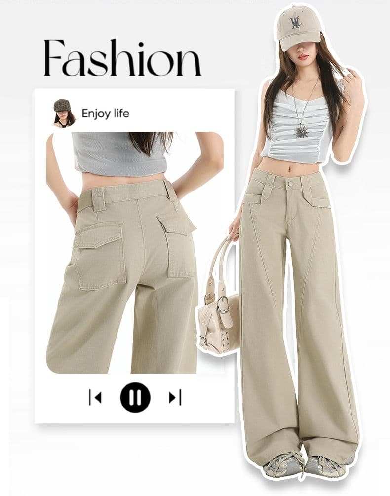 아메리칸 카키 커피 색상 워크웨어 캐주얼 바지 여성 2026 가을 겨울철 새로운 하이웨이스트 루즈핏 슬림해 보이는 스트레이트 팬츠 상세 이미지 2