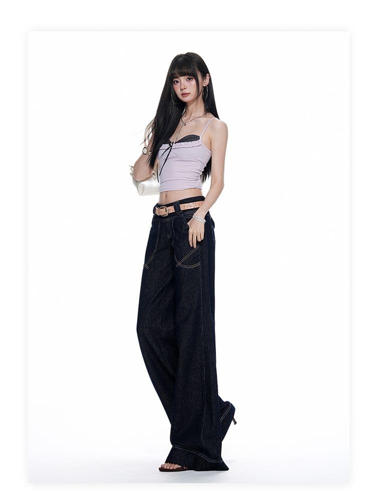 조기 가을 새로운 아메리칸 레트로 떨어지지 않음 색상 워싱 명시적 스티치 장식 디자인 로우 웨이스트 루즈핏 나팔 청바지 여성 상세 이미지 8