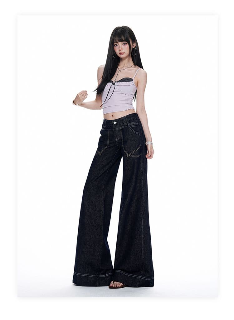 조기 가을 새로운 아메리칸 레트로 떨어지지 않음 색상 워싱 명시적 스티치 장식 디자인 로우 웨이스트 루즈핏 나팔 청바지 여성 상세 이미지 10