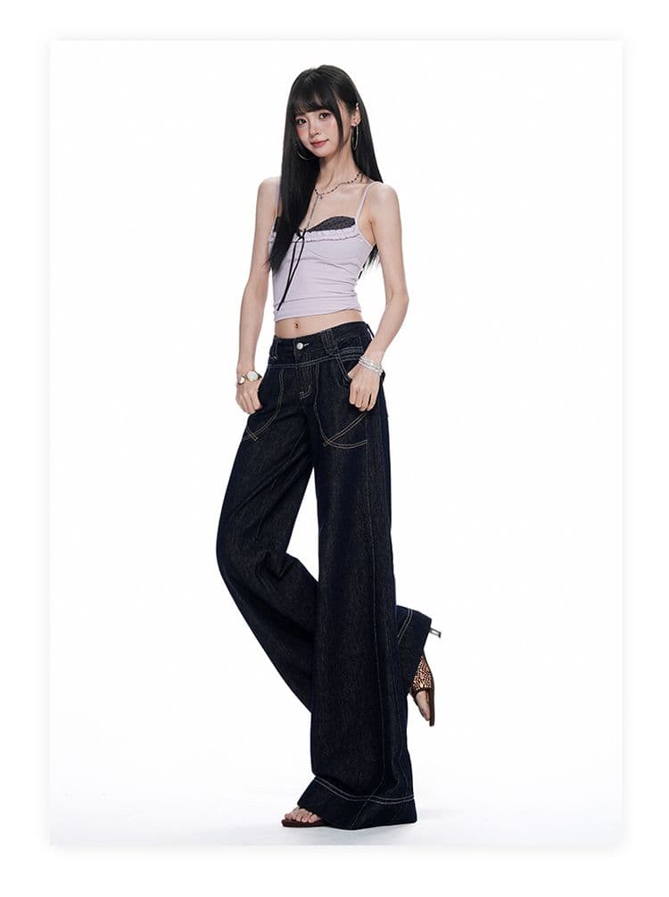 조기 가을 새로운 아메리칸 레트로 떨어지지 않음 색상 워싱 명시적 스티치 장식 디자인 로우 웨이스트 루즈핏 나팔 청바지 여성 상세 이미지 11