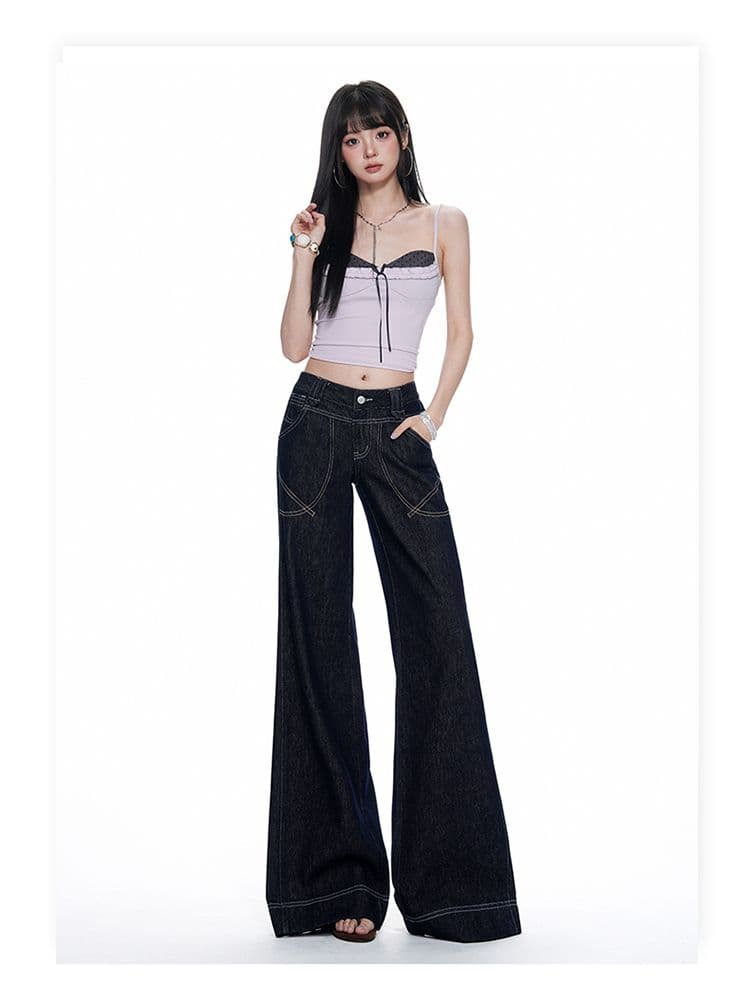 조기 가을 새로운 아메리칸 레트로 떨어지지 않음 색상 워싱 명시적 스티치 장식 디자인 로우 웨이스트 루즈핏 나팔 청바지 여성 상세 이미지 13