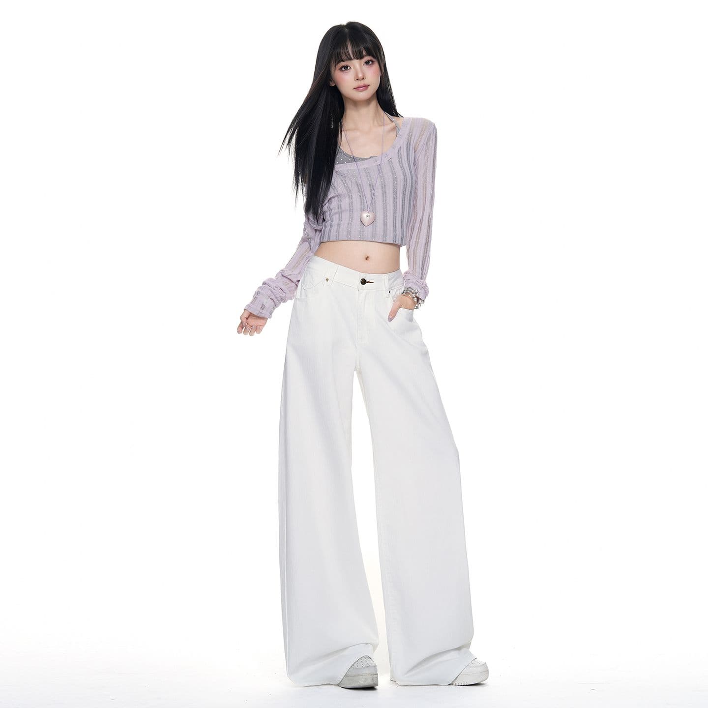 대나무 마디 곡물 화이트 파리 버클 넓은 다리 청바지 여성 2026 가을 새로운 하이웨이스트 디자인 센스 슬림해 보이는 스트레이트 팬츠 이미지 5