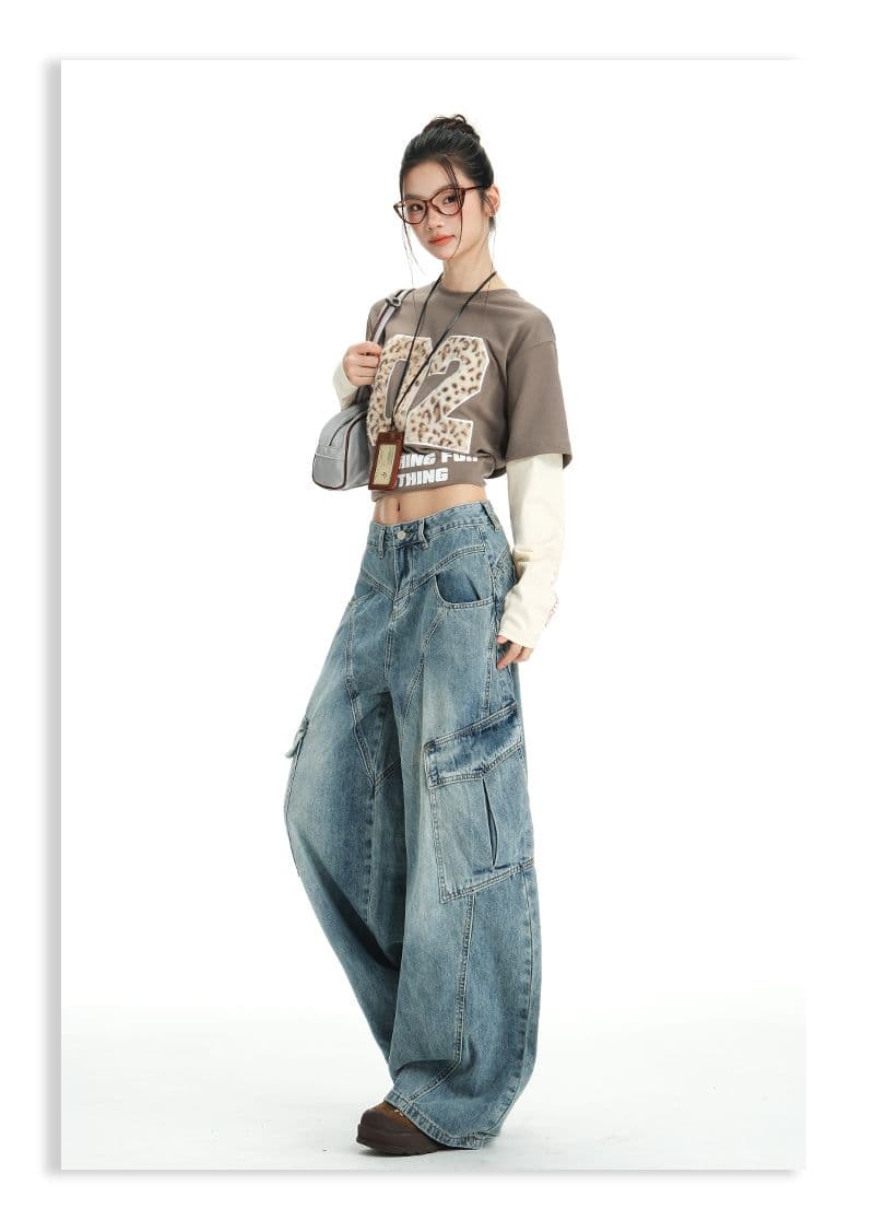 아메리칸 레트로 슬래시 분할 디자인 넓은 다리 데님 워크웨어 팬츠 여성 상세 이미지 24