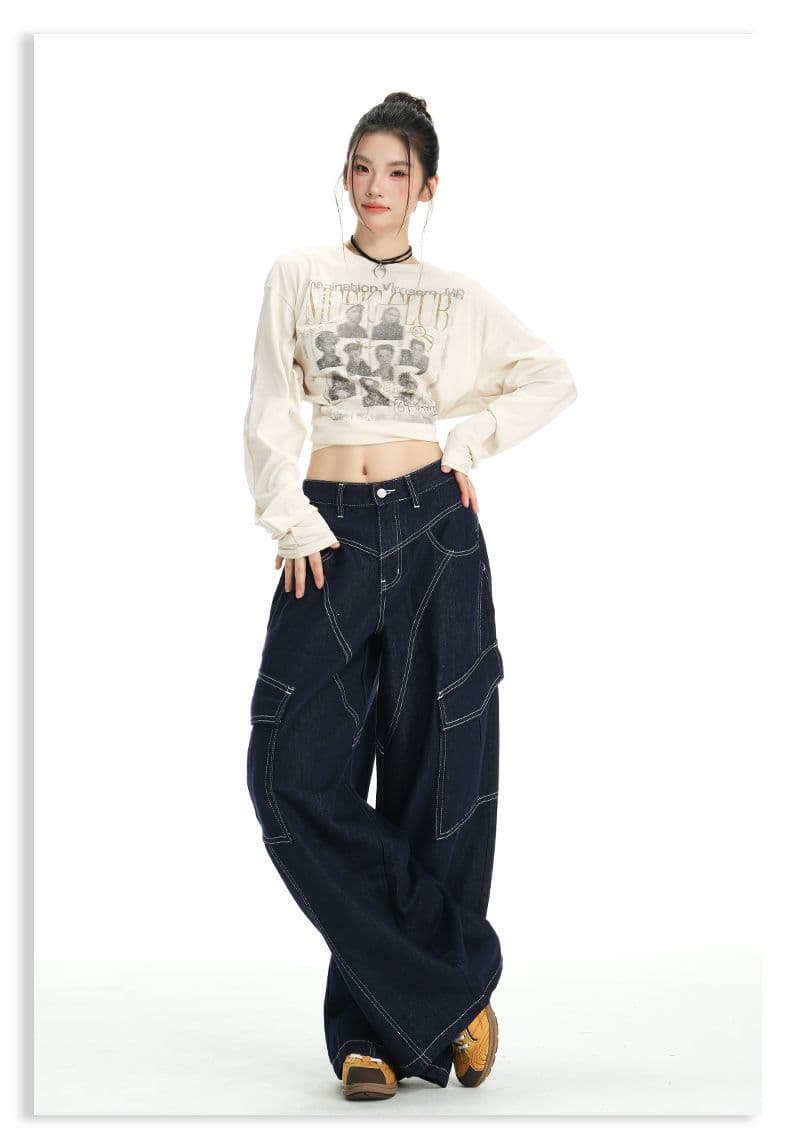 아메리칸 레트로 슬래시 분할 디자인 넓은 다리 데님 워크웨어 팬츠 여성 상세 이미지 31