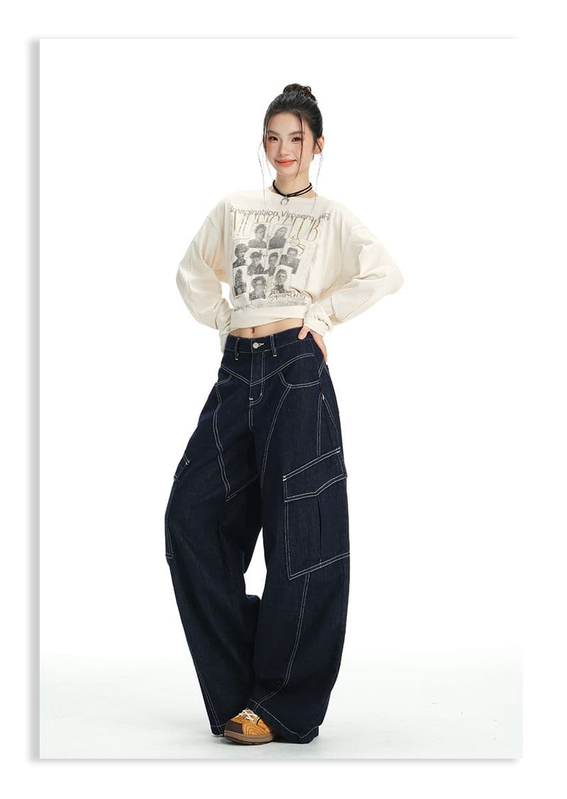 아메리칸 레트로 슬래시 분할 디자인 넓은 다리 데님 워크웨어 팬츠 여성 상세 이미지 35