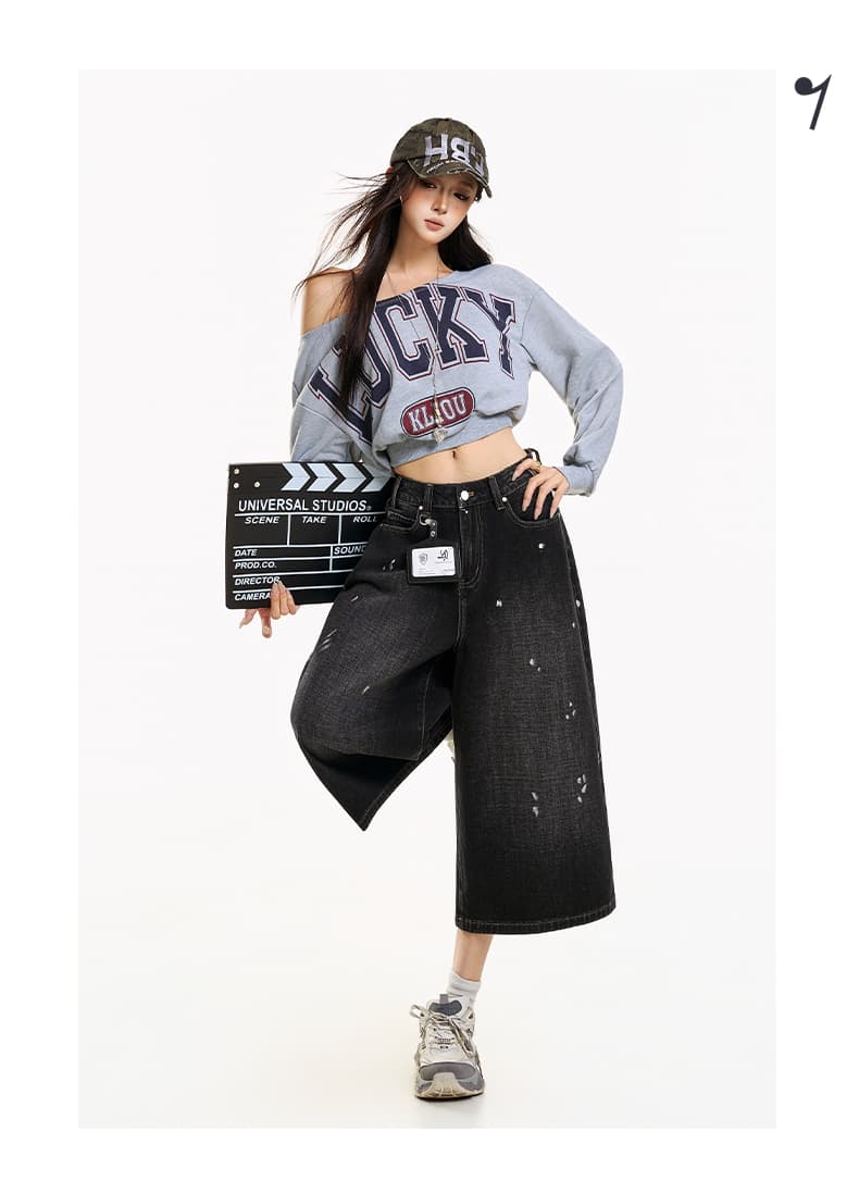 가을 새로운 청바지 여성 넓은 다리 7부 바지 아메리칸 레트로 잉크젯 상세 이미지 11