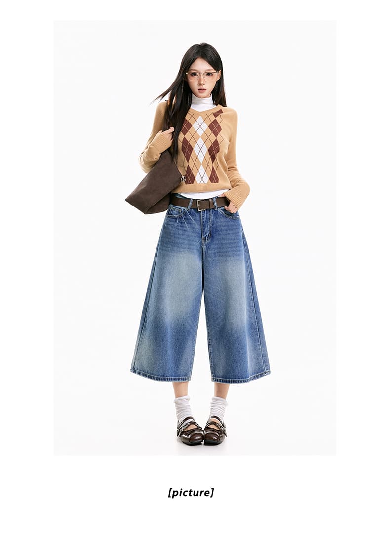 가을 청바지 여성 7 점 루즈핏 넓은 다리 아메리칸 워싱 캐주얼 상세 이미지 9