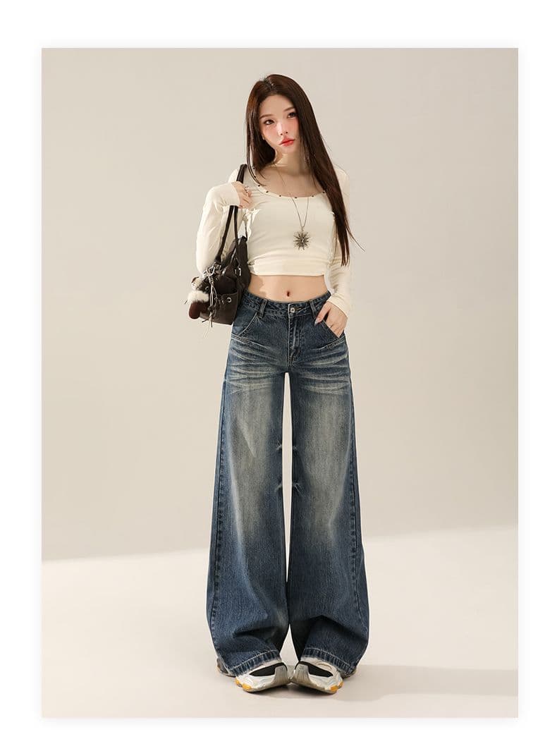 레트로 워싱 대나무 마디 곡물 넓은 다리 청바지 여성 가을 새로운 핫걸 루즈핏 아니요 막대기 다리 도루 센스 스트레이트 긴 바지 상세 이미지 9