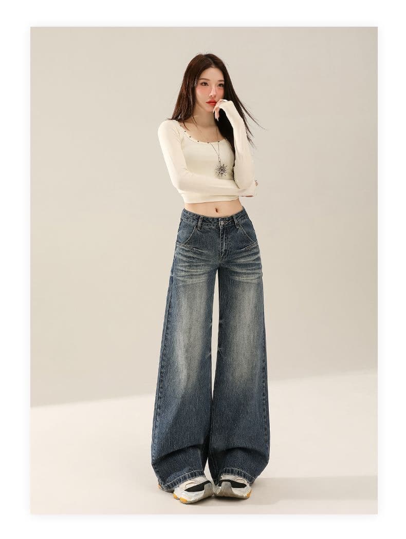 레트로 워싱 대나무 마디 곡물 넓은 다리 청바지 여성 가을 새로운 핫걸 루즈핏 아니요 막대기 다리 도루 센스 스트레이트 긴 바지 상세 이미지 11