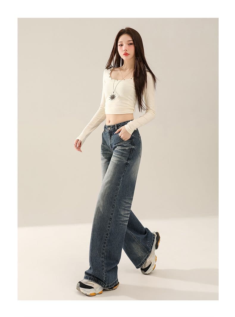레트로 워싱 대나무 마디 곡물 넓은 다리 청바지 여성 가을 새로운 핫걸 루즈핏 아니요 막대기 다리 도루 센스 스트레이트 긴 바지 상세 이미지 13
