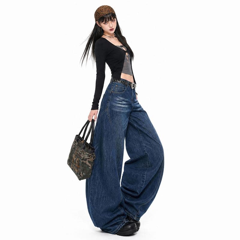 아메리칸 핫걸 레트로 블루 고양이 스크래치 청바지 루즈핏 넓은 다리 바닥 청소 바지 9 포인트 긴 바지 길이 연장