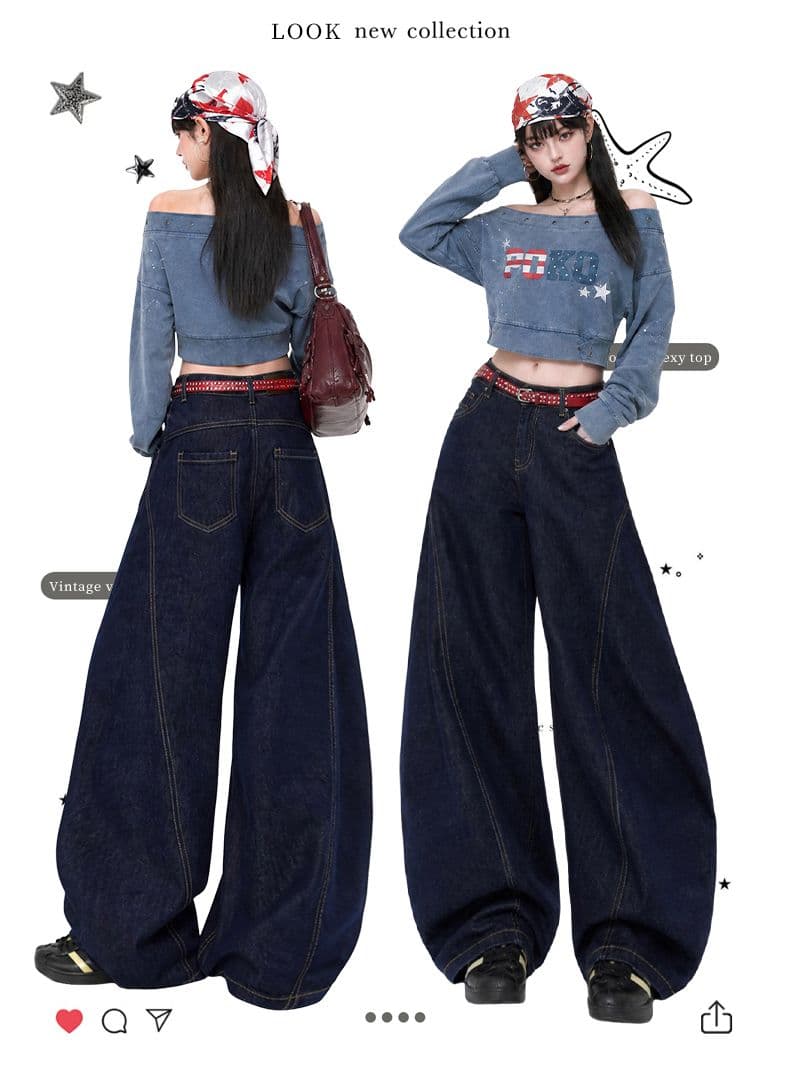 아메리칸 핫걸 레트로 블루 고양이 스크래치 청바지 루즈핏 넓은 다리 바닥 청소 바지 9 포인트 긴 바지 길이 연장 상세 이미지 3