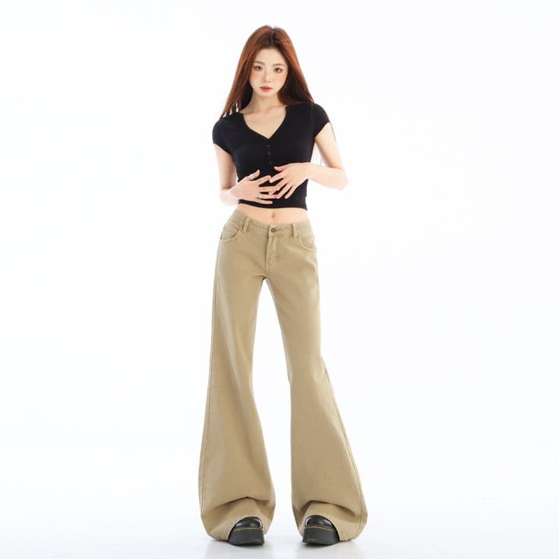 카키 색 부츠컷 아니요 막대기 다리 청바지 여성 아메리칸 레트로 로우 웨이스트 좁은 에디션 슬림해 보이는 긴 바지
