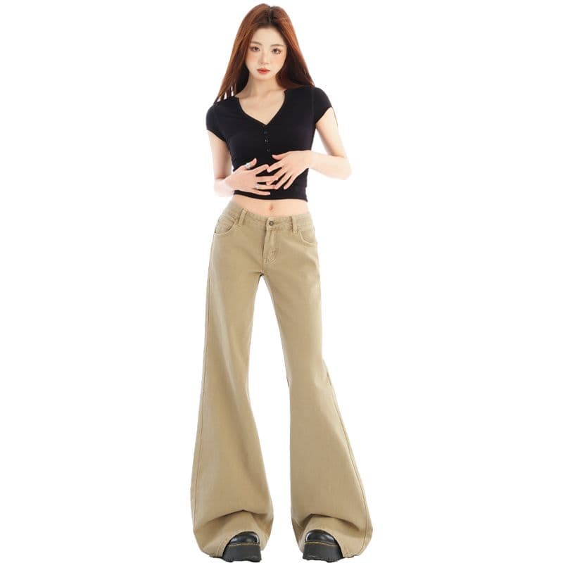 카키 색 부츠컷 아니요 막대기 다리 청바지 여성 아메리칸 레트로 로우 웨이스트 좁은 에디션 슬림해 보이는 긴 바지 이미지 4