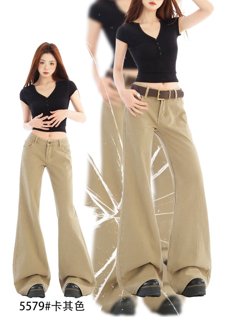 카키 색 부츠컷 아니요 막대기 다리 청바지 여성 아메리칸 레트로 로우 웨이스트 좁은 에디션 슬림해 보이는 긴 바지 상세 이미지 1