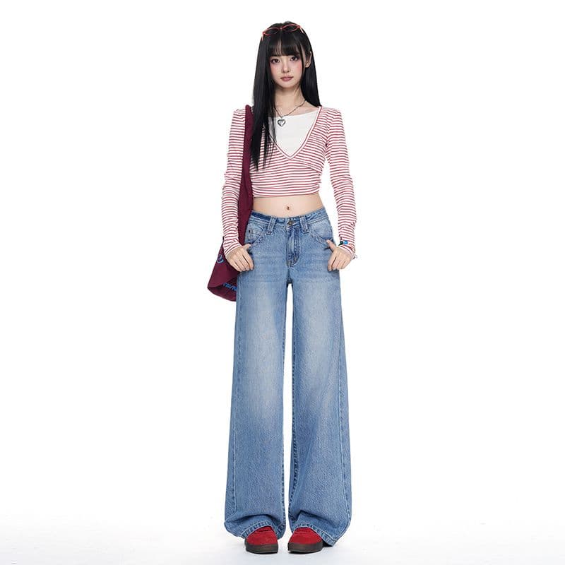 터키 데님 아메리칸 대 단추 로우 웨이스트 얼음 파란색 넓은 다리 루즈핏 스트레이트 청바지 이미지 2